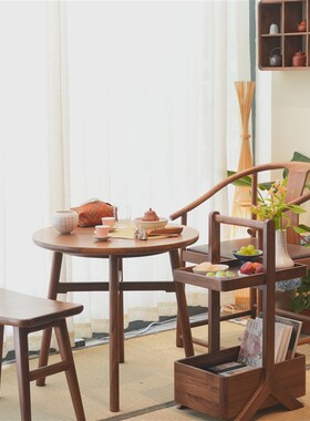 白驹格物小团圆茶桌北q美黑胡桃木实木禅意小户型阳台卧室圆形桌