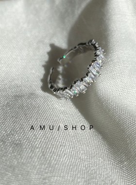 A.MU d冬日碎冰/ 超闪璀璨锆石高级感开口可调节银色冷淡风戒指女