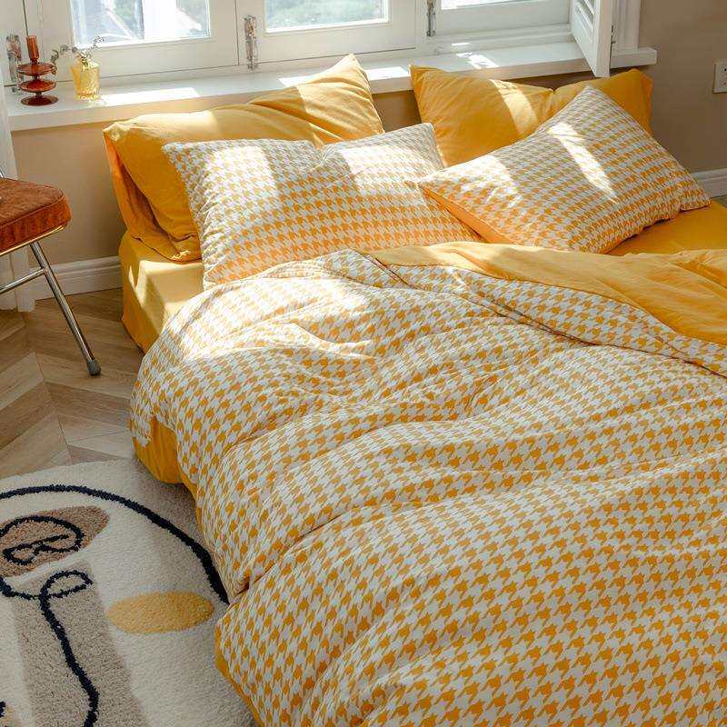 新品天竺棉千鸟格四件套纯棉时尚休闲印花针织4件套厂家