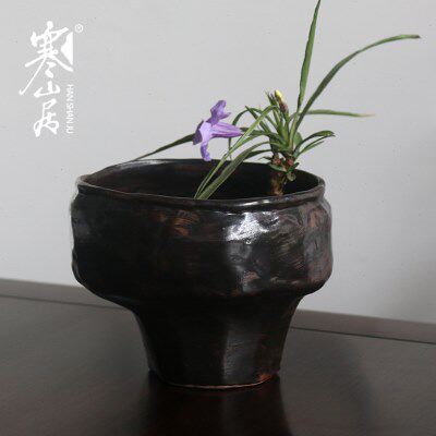 寒山居粗陶水培花盆禅意空间花器日式花道器皿陶瓷插花盆水盂碗钵