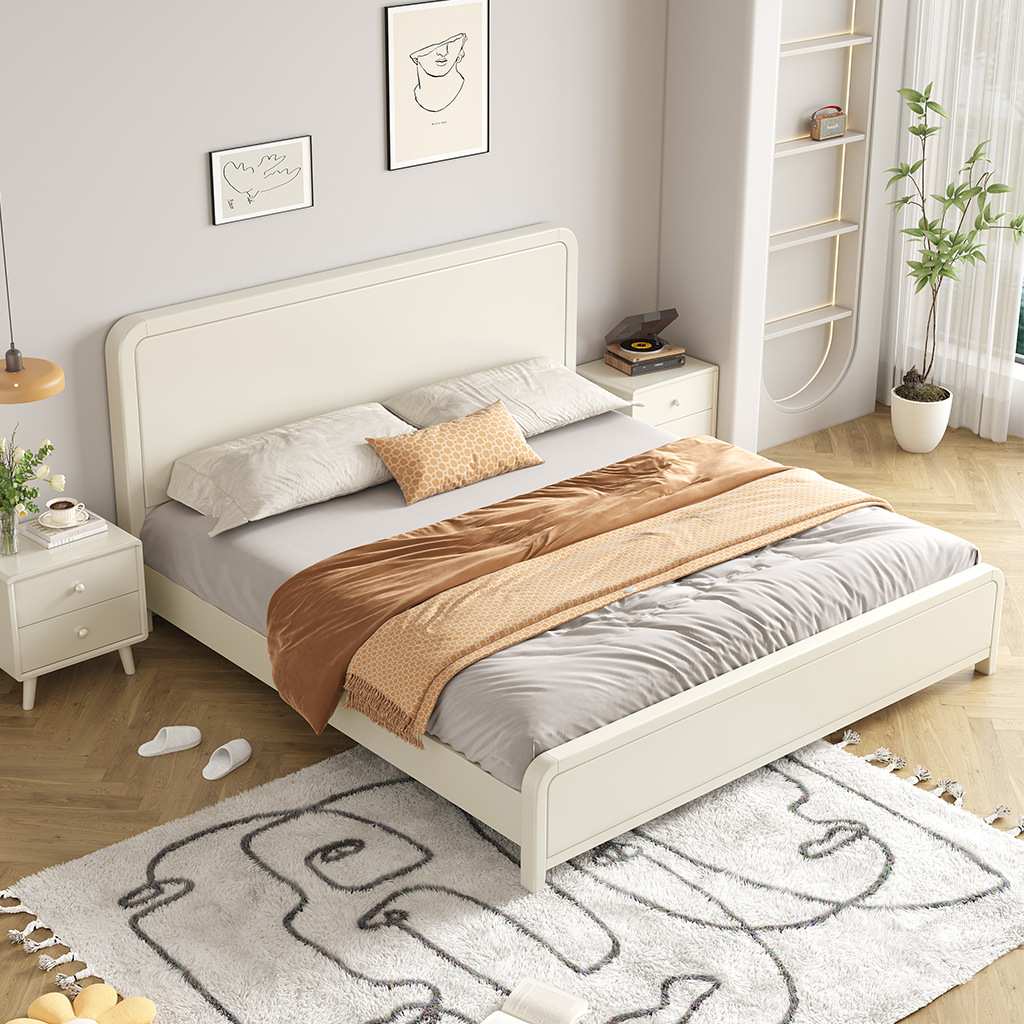 奶油风床实木家具主卧1.5米单人床简约白色1.8米原木双人床