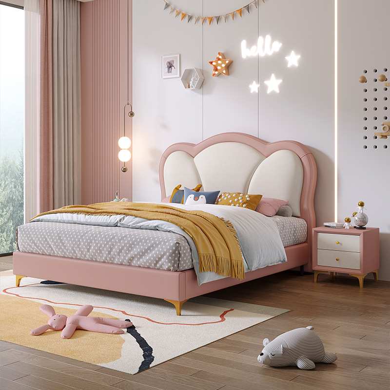 儿童房家具齐边实木儿童床 现代简约INS风轻奢童话皮艺少女床