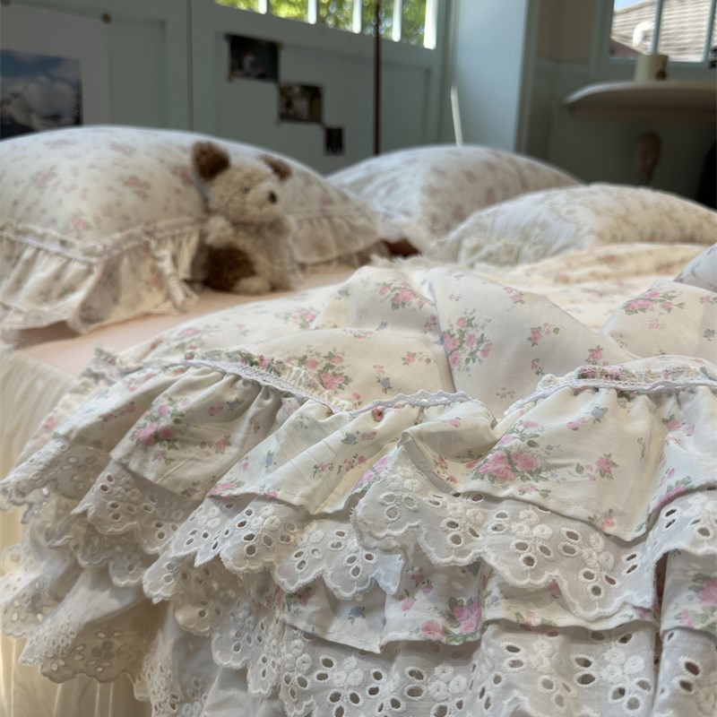 少女心粉嫩蔷薇全棉凉感花边夏凉被四件套床裙款空调被公主风