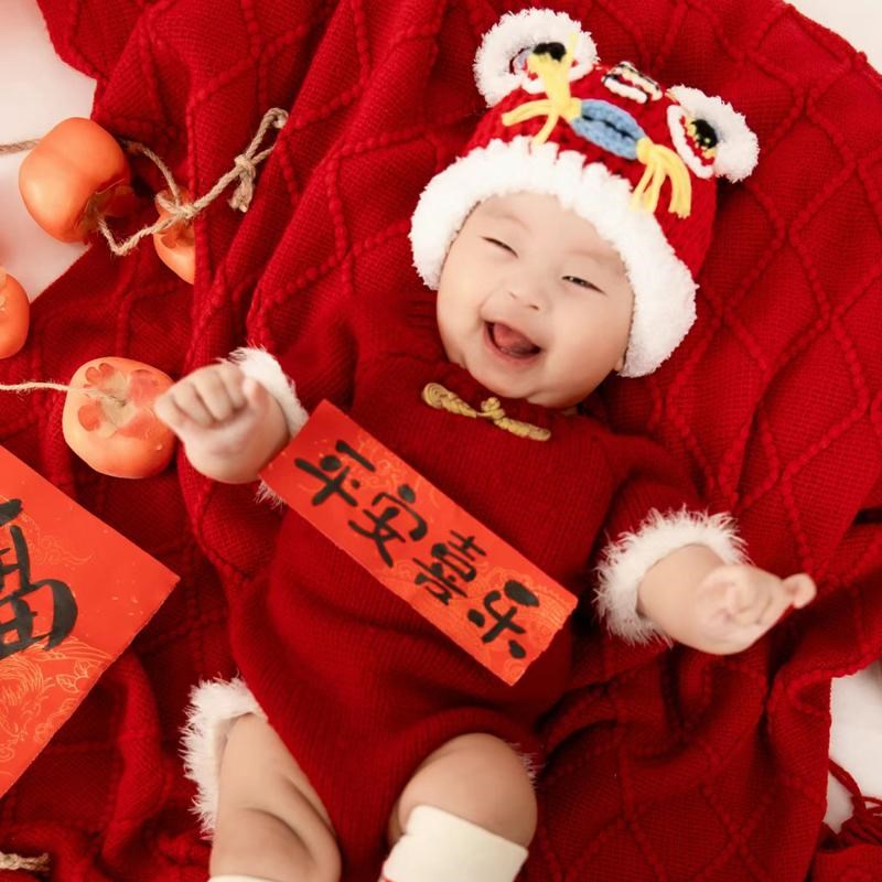 影楼拍照服d装百天宝宝主题摄影虎头帽新年摄影服红色周岁拍照服