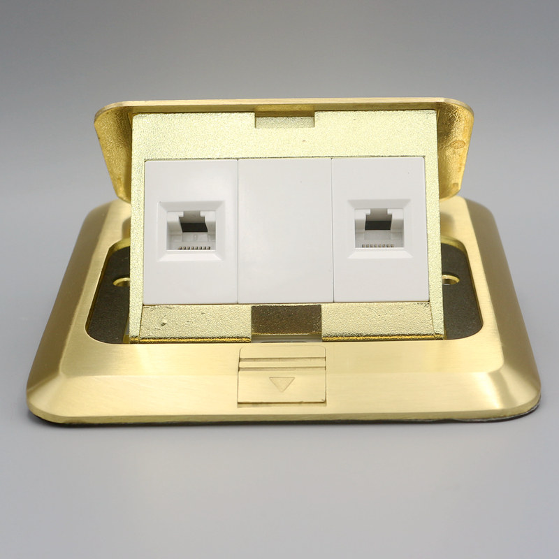 二位电脑地d插 弹起式双网络地面插座 RJ45电脑网络地板插座带底