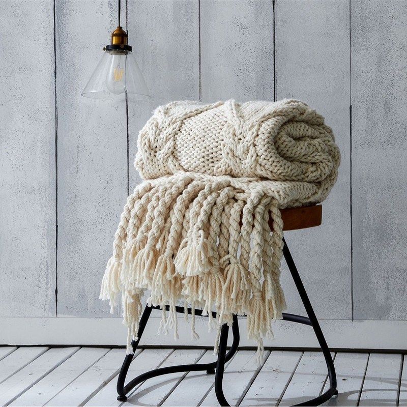 小众手工编织粗毛线流苏毛毯卧室软装饰盖毯沙发毯V子办公室午睡