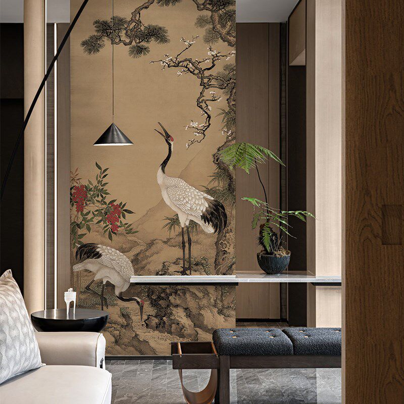 定制墙纸松鹤玄关墙布新中式书房茶室国画背景墙壁画民宿卧室壁纸