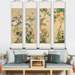 清代名家花鸟画任伯年卷轴画四条屏丝绸画黄宾虹装饰画绢画国画