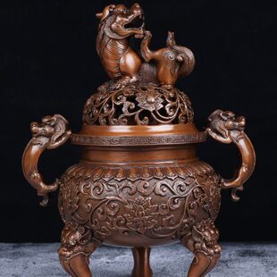 紫铜香炉家用纯铜室内檀香炉仿古三足大明宣德炉香炉上香盘香熏炉