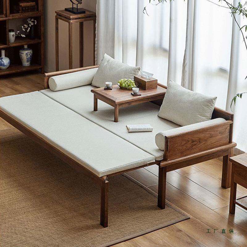 新中式实木沙发组合大气北美黑胡桃木软包罗汉床可推拉罗汉踏