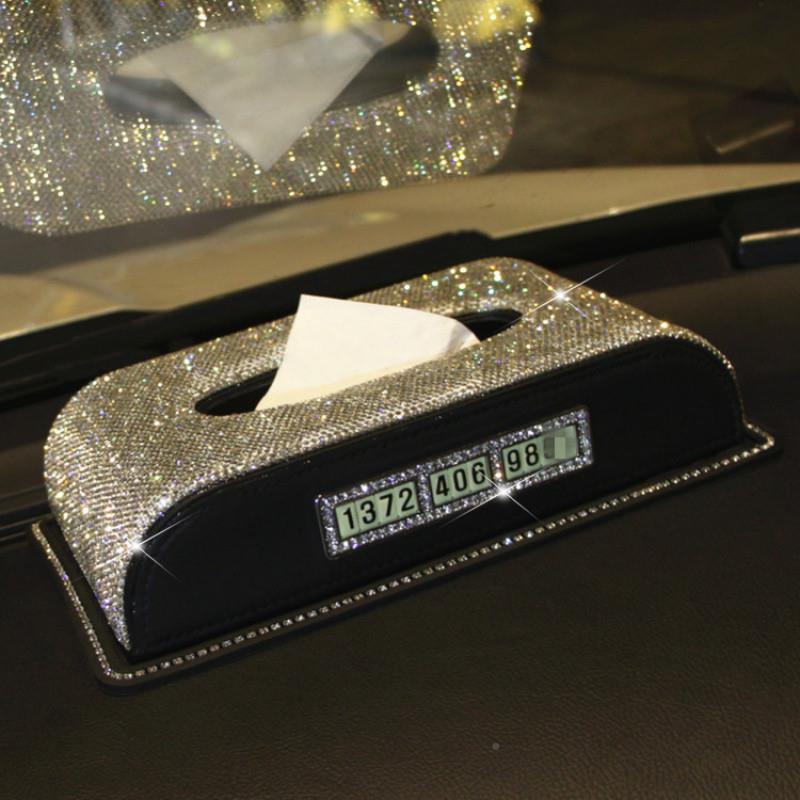 车纸巾盒时尚汽高镶钻纸巾挡带停车座牌镶钻女车用可爱式车内中控
