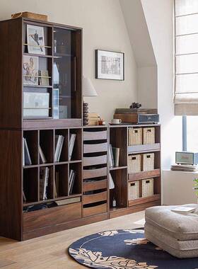 实一体RET书柜组木合客厅黑胡桃色移门落地储柜玻璃门收纳木展物