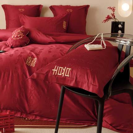 新中式百0结喜婚庆纯棉四套10S长绒棉被套酒红贡缎陪件嫁J12全棉