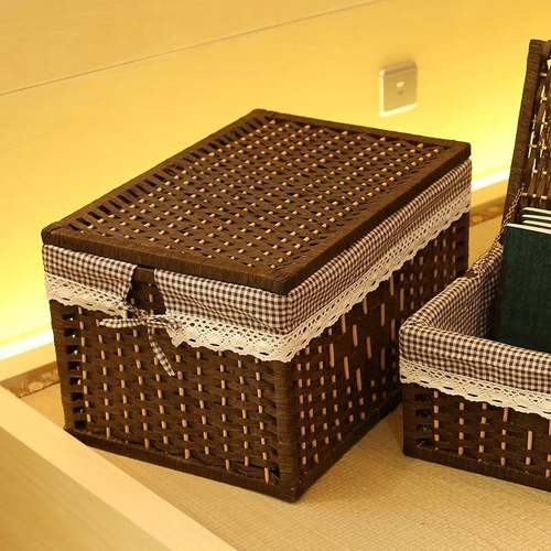 ¤?藤编编织收纳筐盖储物篮桌面收纳盒玩具棕色木架脏衣带纳收箱
