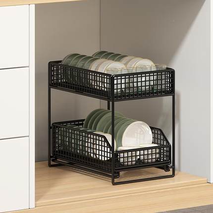 厨房下水置物架调料碟抽拉式浴槽室柜下多功能碗层收纳架拉篮F78H