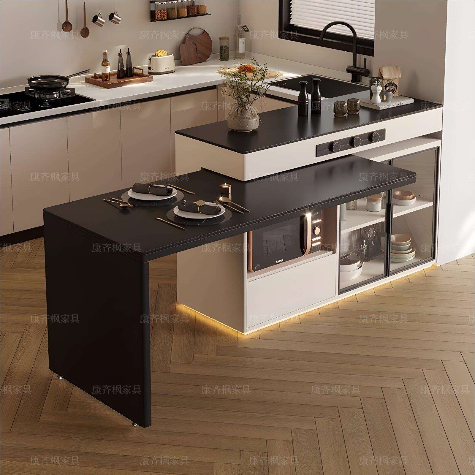 岛台餐桌一体旋转伸缩岩板家用中小户型厨房吧台2024新款岛台餐桌