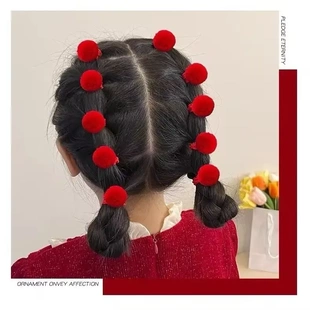 新年红色高弹毛球皮筋头饰女童拜年喜庆橡皮筋扎头发拇指发圈j