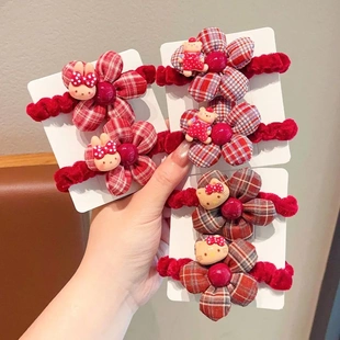 红色格纹儿童发圈小熊卡通花朵女童宝宝发绳韩版百搭高马尾发饰mj