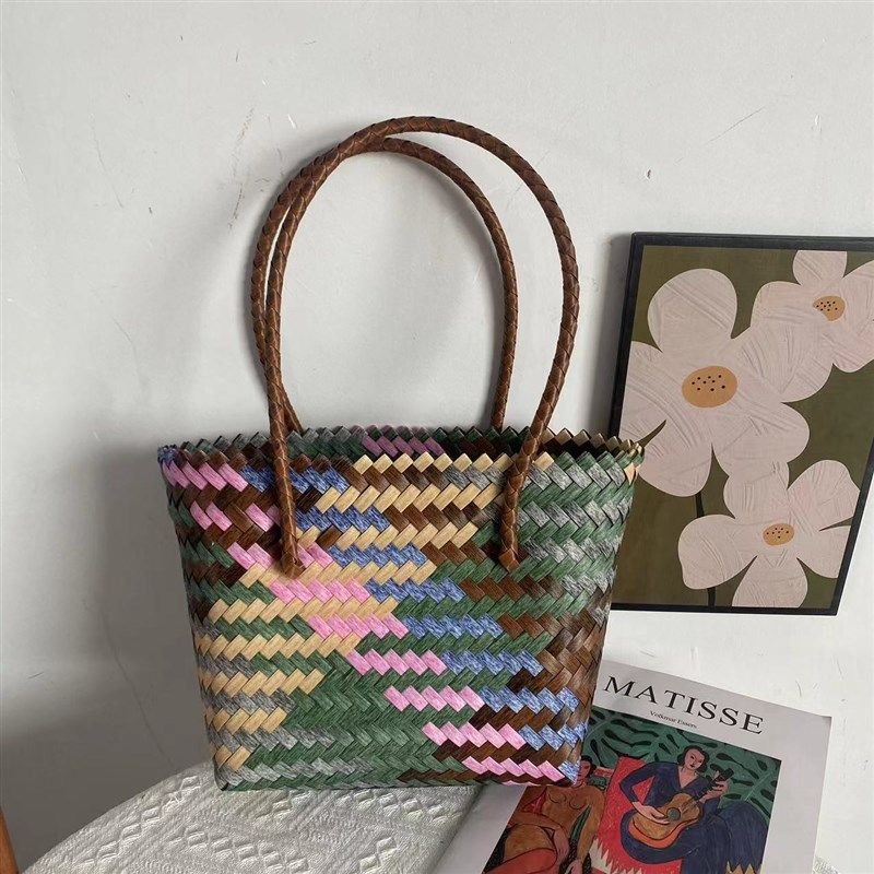 编制花色新材料pp材质夏天流行时尚撞色单肩女包通勤包洋气大容量,箱包皮具/热销女包/男包,托特包,淘宝优惠券,粉丝福利购,淘宝优惠卷