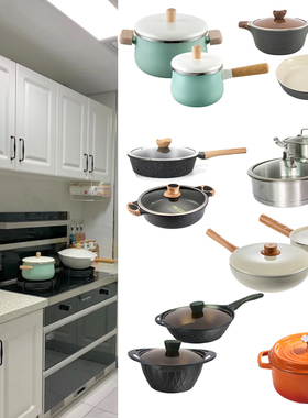 厨房橱柜摆件不锈钢锅具组合套装平底锅汤锅样板房间软Y装饰品摆