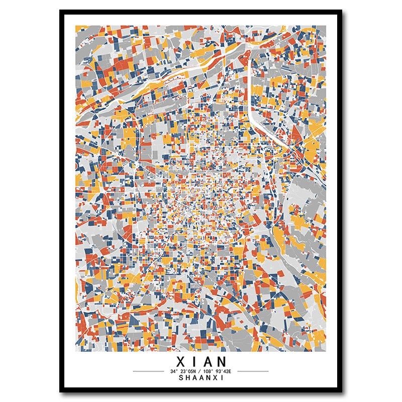 陕西西安现代色块艺术城市地图装饰画客厅沙发背景墙挂画餐厅壁画