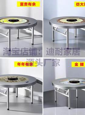 加厚彩图不锈钢圆桌内置转盘x火锅桌电磁炉一体折叠餐桌商用饭店