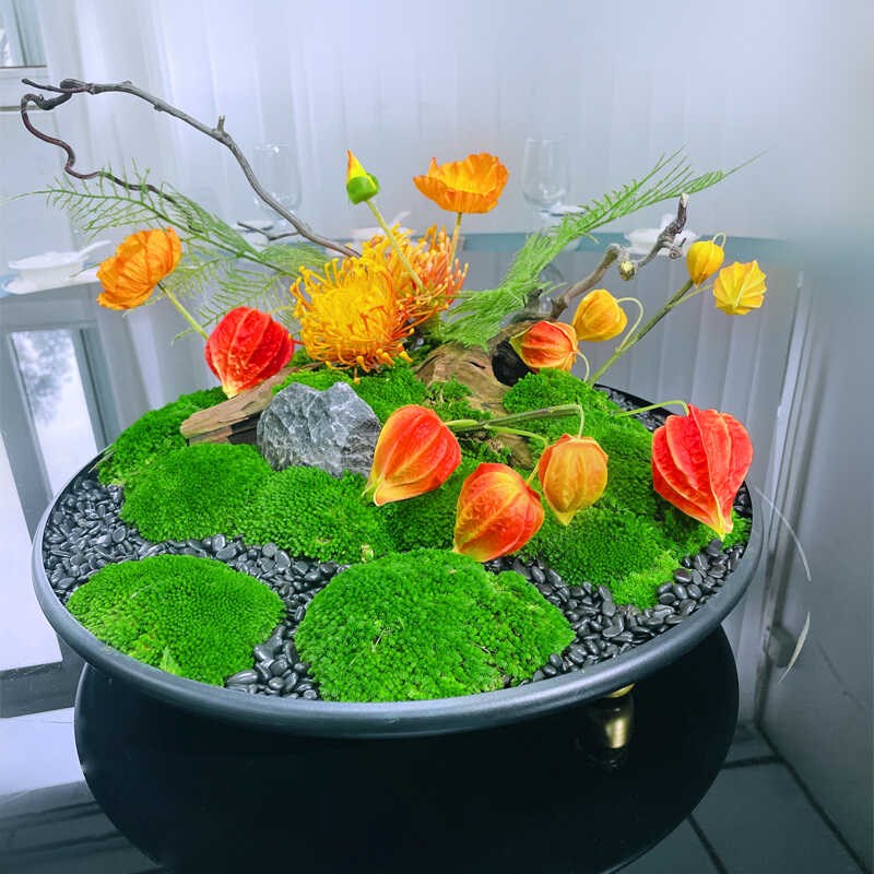 酒店转盘中间摆花大圆餐桌装饰摆件包厢餐桌花苔藓微景观花艺