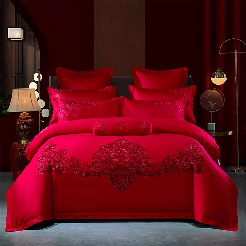 新婚喜被床上四件套全棉粉大红色刺绣花婚庆陪嫁床品被套床单