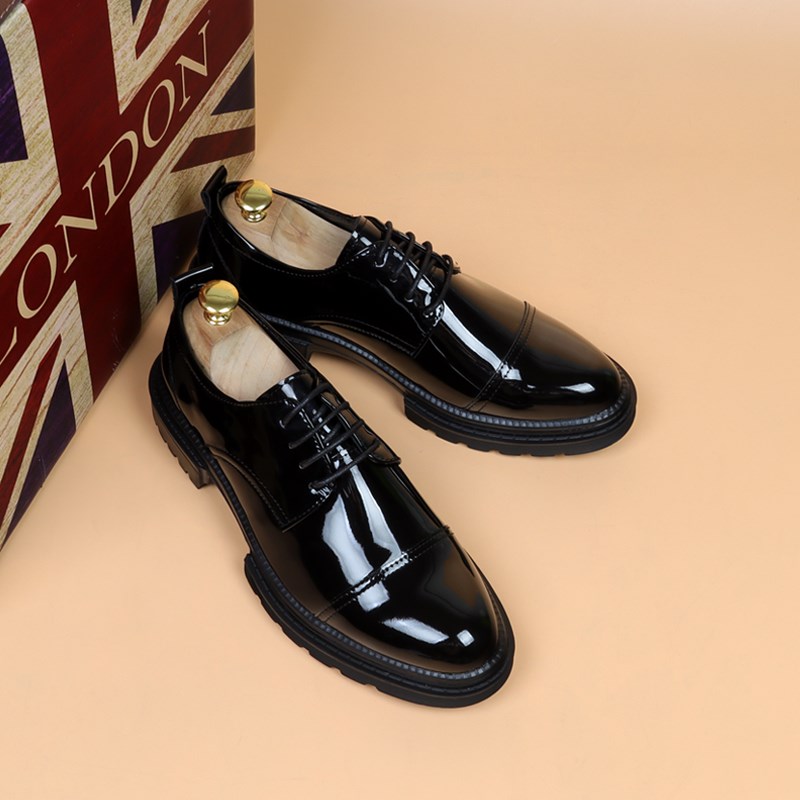 春秋新款漆皮尖头皮鞋男英伦韩版休闲男鞋内增高正装系带婚鞋子