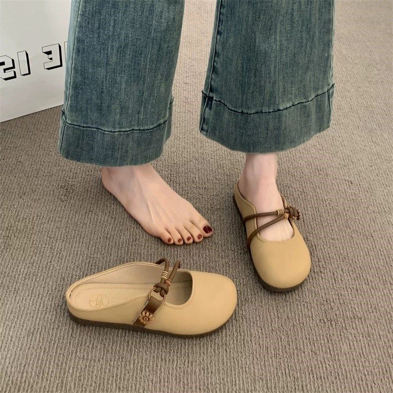 包头半拖鞋女外穿2025夏季新款平底一脚蹬半托单鞋软底法式凉拖鞋,女鞋,包头拖,淘宝优惠券,粉丝福利购,淘宝优惠卷