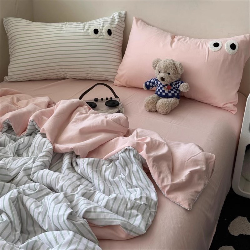 ins少女简约条纹小眼睛毛巾绣水洗棉夏凉被四件R套夏季空调被薄被