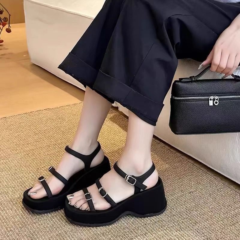 松糕底露趾一字带凉鞋女p鞋新款夏季小个子百搭厚底罗马鞋9677-37