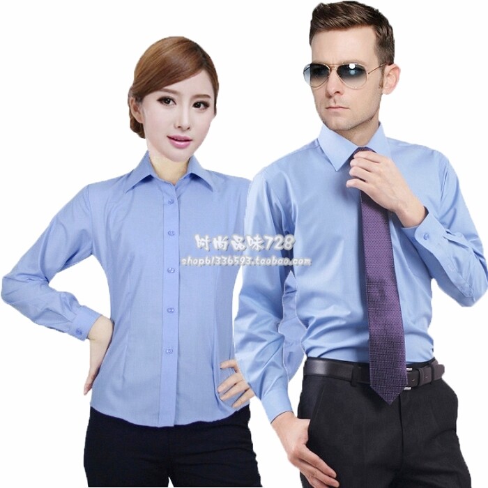 春秋女士长袖商务工装q衬衫天蓝色工作服纯白色大码职业工装蓝衬