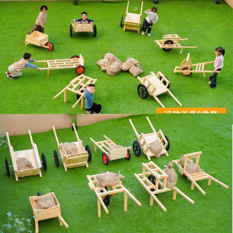 幼儿园安吉推车平板车儿童木质板车独H轮车轮胎小车运输工具八件