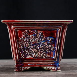 口20高15cm钧瓷青花釉里红青花牡丹图造景大号花盆陶瓷造景盆景盆