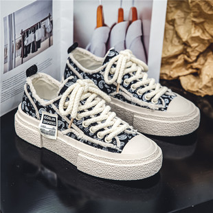 厚底帆布鞋男夏季透气休闲潮百搭平板鞋小众乞丐棋盘格腰果花鞋子