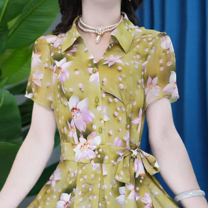 时尚短袖连衣裙女2025年夏季新款气质收腰显瘦中长款印花休闲裙子,女装/女士精品,连衣裙,淘宝优惠券,粉丝福利购,淘宝优惠卷