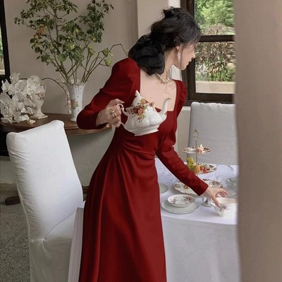 红色长袖连衣裙子女春秋法式订婚结婚礼服新娘敬酒服平时可穿长裙