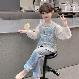 女童汉服2025新款春装儿童洋气中式国风马甲两件套春秋款女孩套装