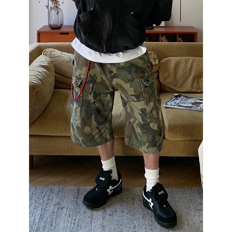 美式迷彩解构工装短裤男夏季潮牌大口袋褶皱裤子直筒牛仔七八分裤