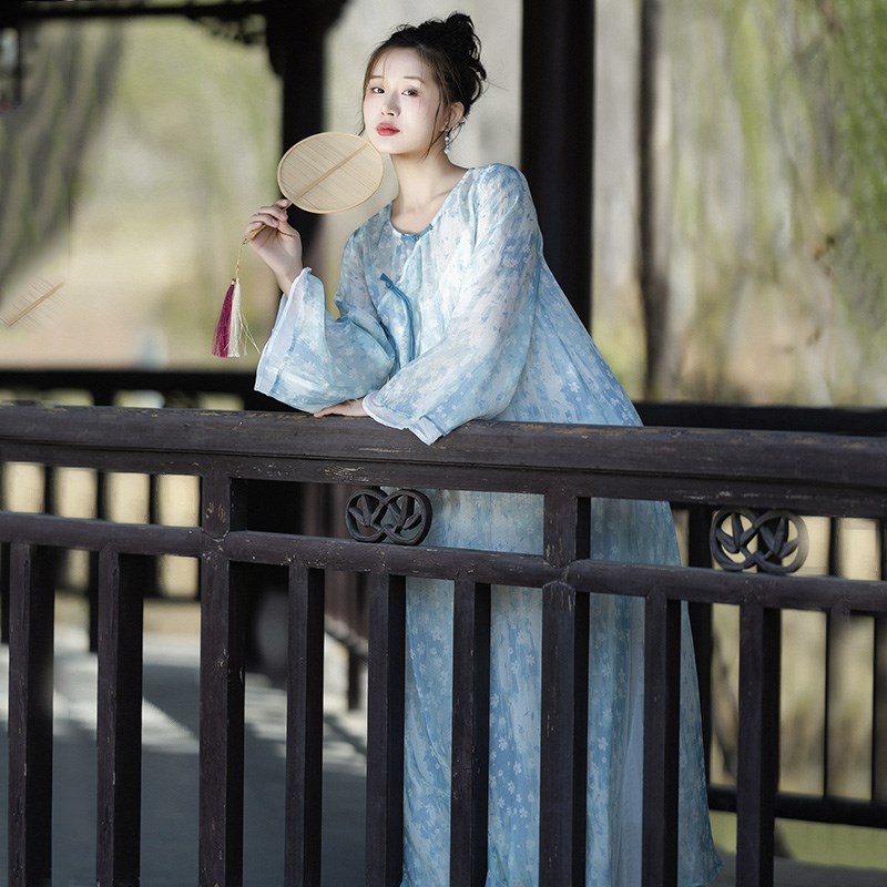 【梨花雨】复古中式雪纺印花连衣裙女2024夏季撞色盘扣轻薄长裙