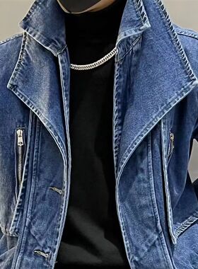 高端时尚做旧牛仔衣男双领设计春秋季新款潮流假两件牛仔夹克外套