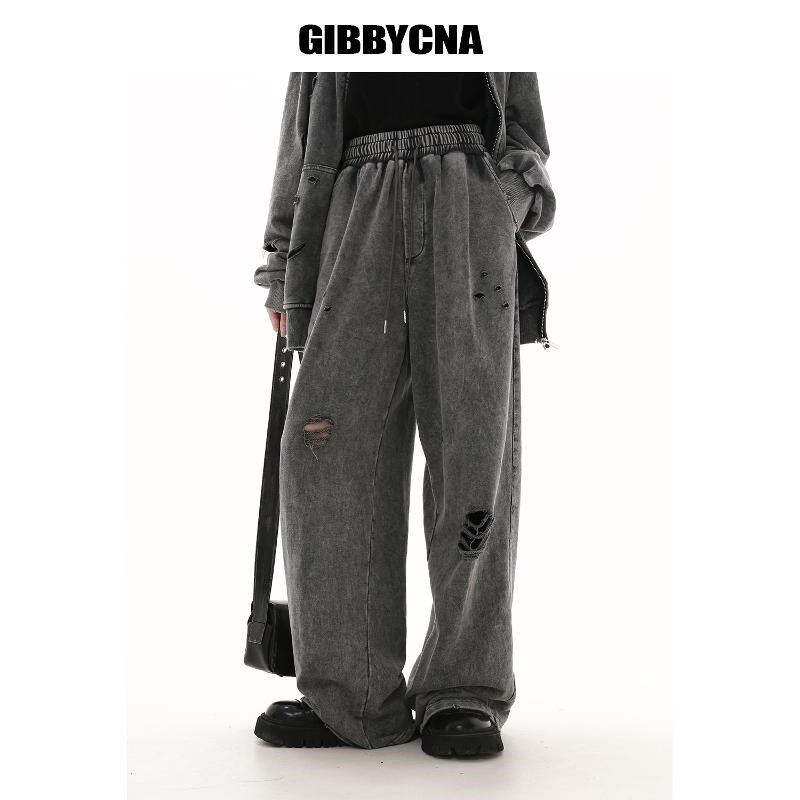 春季破洞卫衣运动套装男做旧复古宽松百搭情侣休闲卫裤