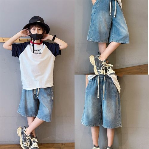 小殷同学男童牛仔五分裤夏季新款2025韩版松紧腰儿童夏装阔腿中裤