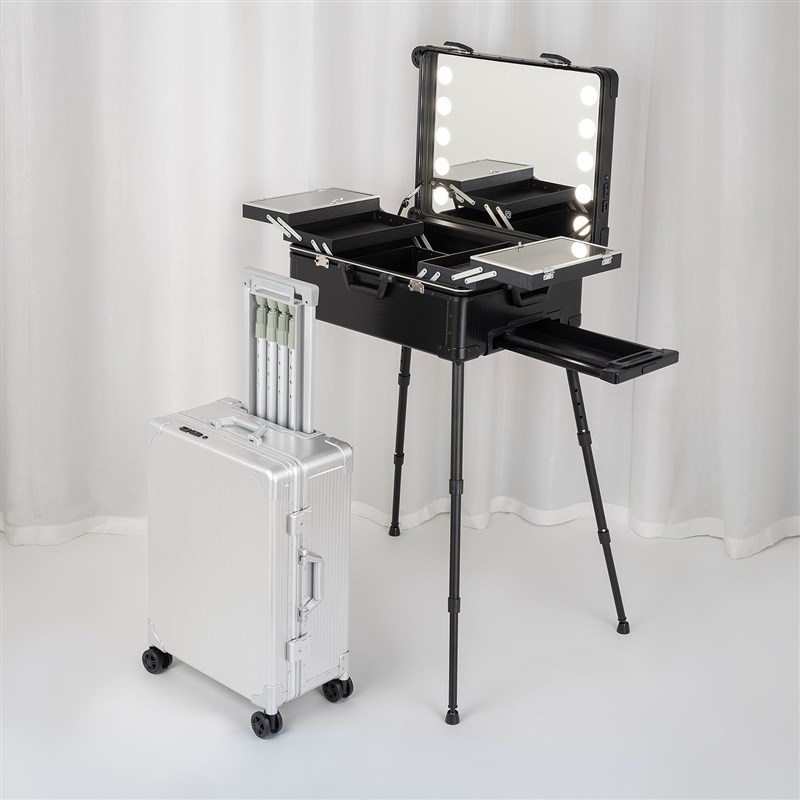 专业化妆箱拉杆新娘跟妆师工具箱金属镁铝合金LED灯万向轮卷发棒