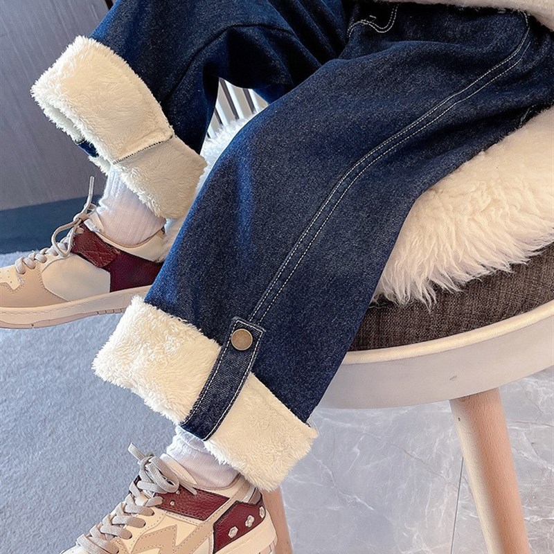 女童加绒牛仔裤秋冬季2023新款网红一体绒外穿冬装牛仔裤