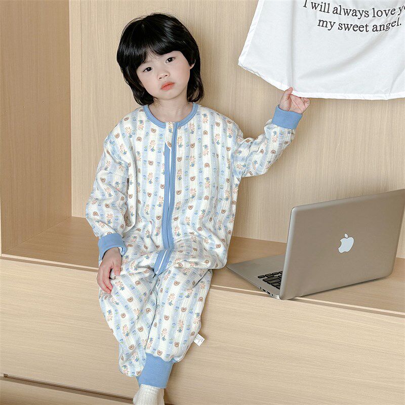 儿童睡袋春夏款宝宝纯棉纱布分腿防踢被男童女孩薄款春秋连体睡衣