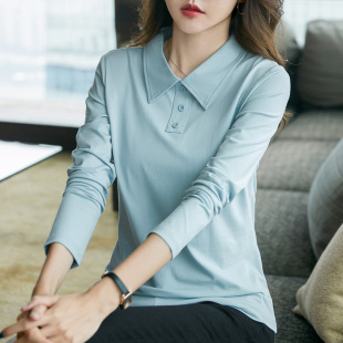 丝光棉t恤女长袖翻领上衣2023春秋新款衬衣领纯色修身百搭打底衫