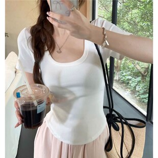 百搭小众方领纯色修身 孕妇装 上衣显瘦短款 新款 辣妈纯欲T恤女 夏季