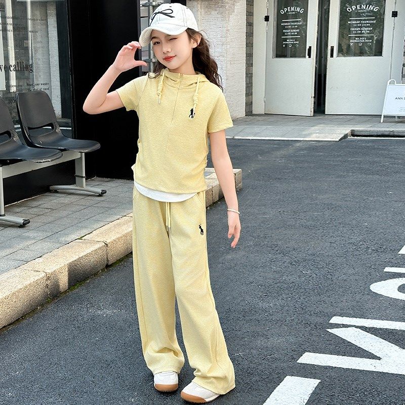 女童夏装假两件短袖卫衣套装2025新款运动两件套洋气多巴胺衣服潮